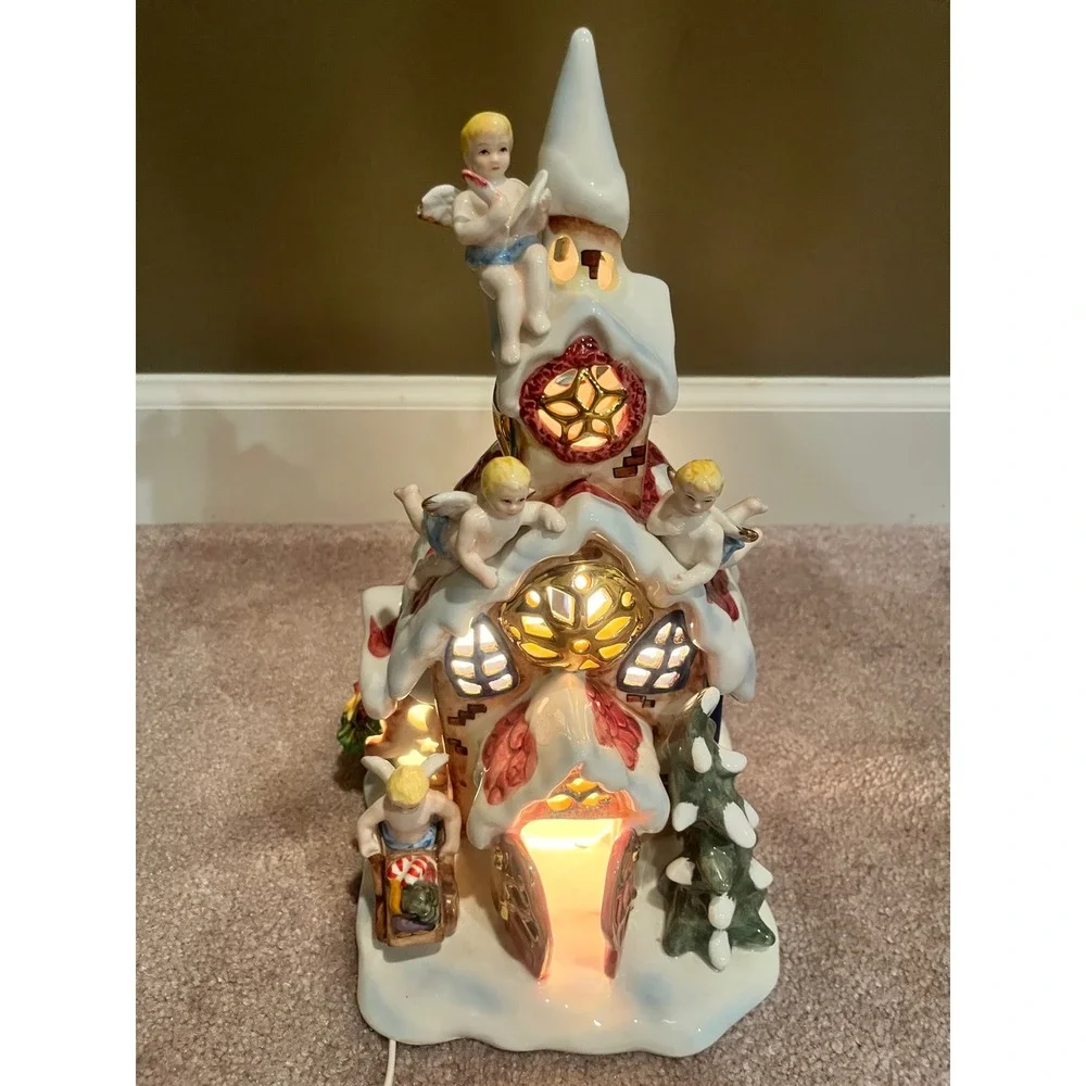 Grandeur Noel Lighted Ceramic Holiday House Angels Christmas Village Collector